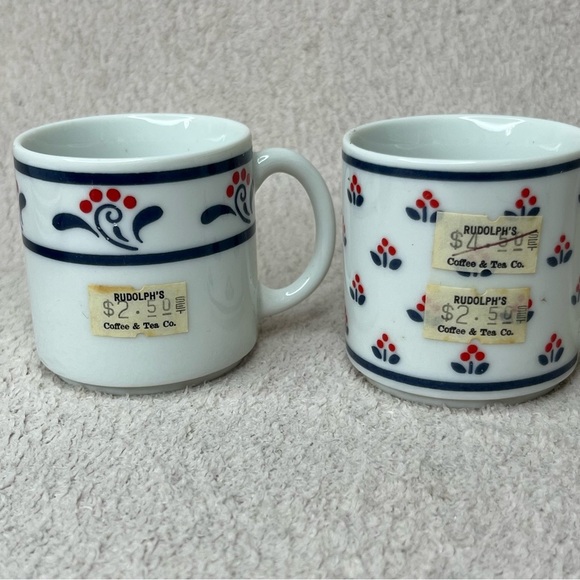 NEW Vintage Copco Fine Porcelain Espresso Mug/Saucer Set of 4-White/Blue/Red-82 - Picture 6 of 10